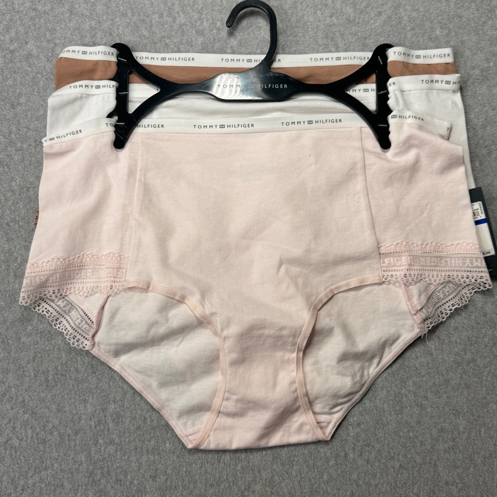 Tommy Hilfiger Womens 3-Pack Lace Trim High Waist Briefs Pink White Brown NWT‎ L